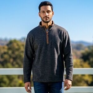 Orvis Mens Charcoal Gray Quarter Zip Pullover Leather Trim Elbow Patches Large